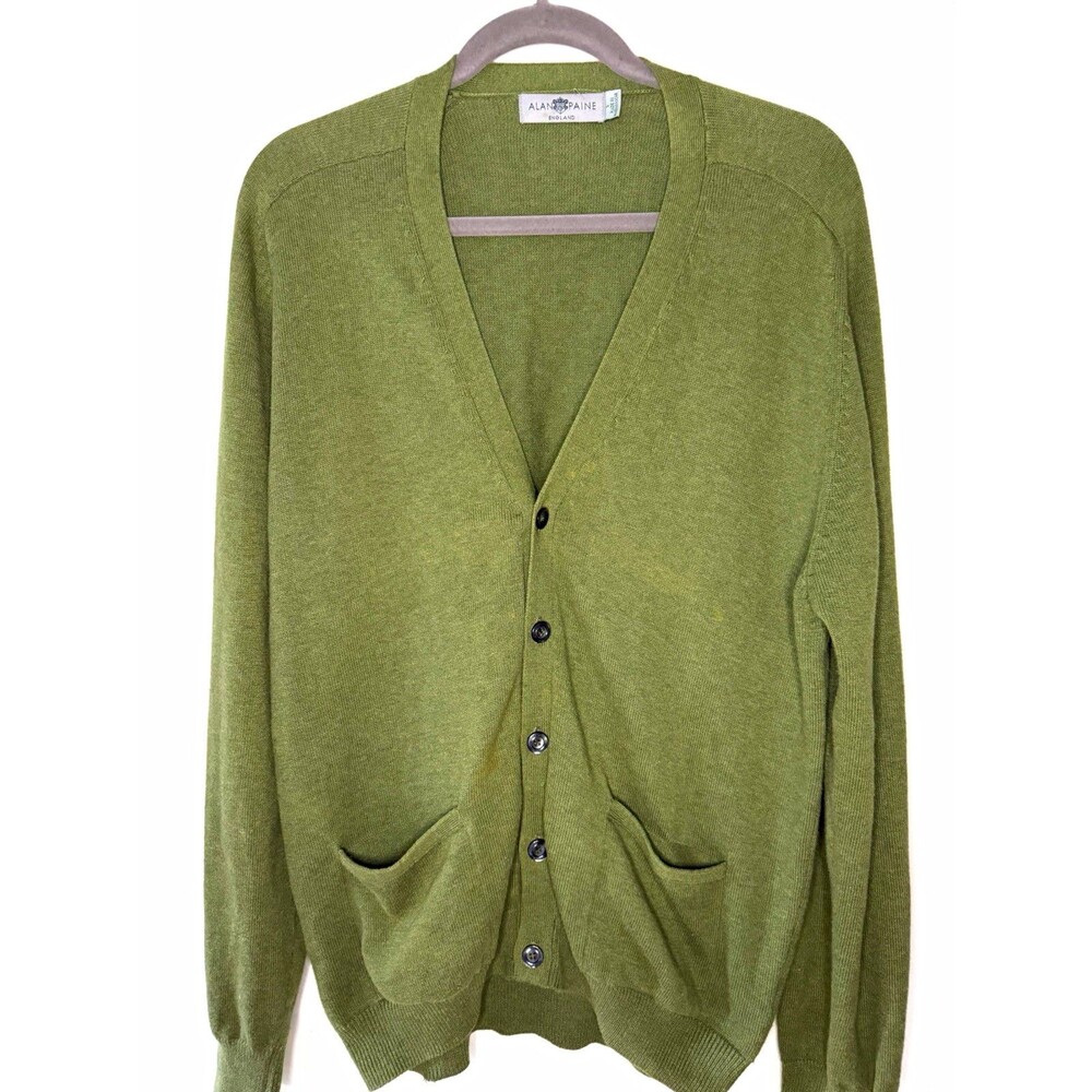 Vintage Alan Paine Mens Green Cotton Cashmere Knit V-Neck Button Cardigan S